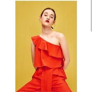 ZARA Orange Ruffled One Shoulder Cropped Jumpsuit with belt 100% cotton